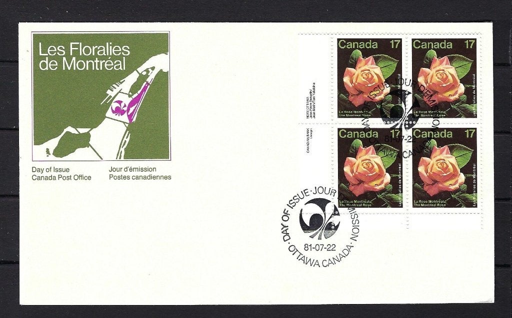 Canada FDC Mi. 805 blokje van 4.  22-7-1981 (BLOEMEN), Ophalen of Verzenden, Onbeschreven, Rest van de wereld