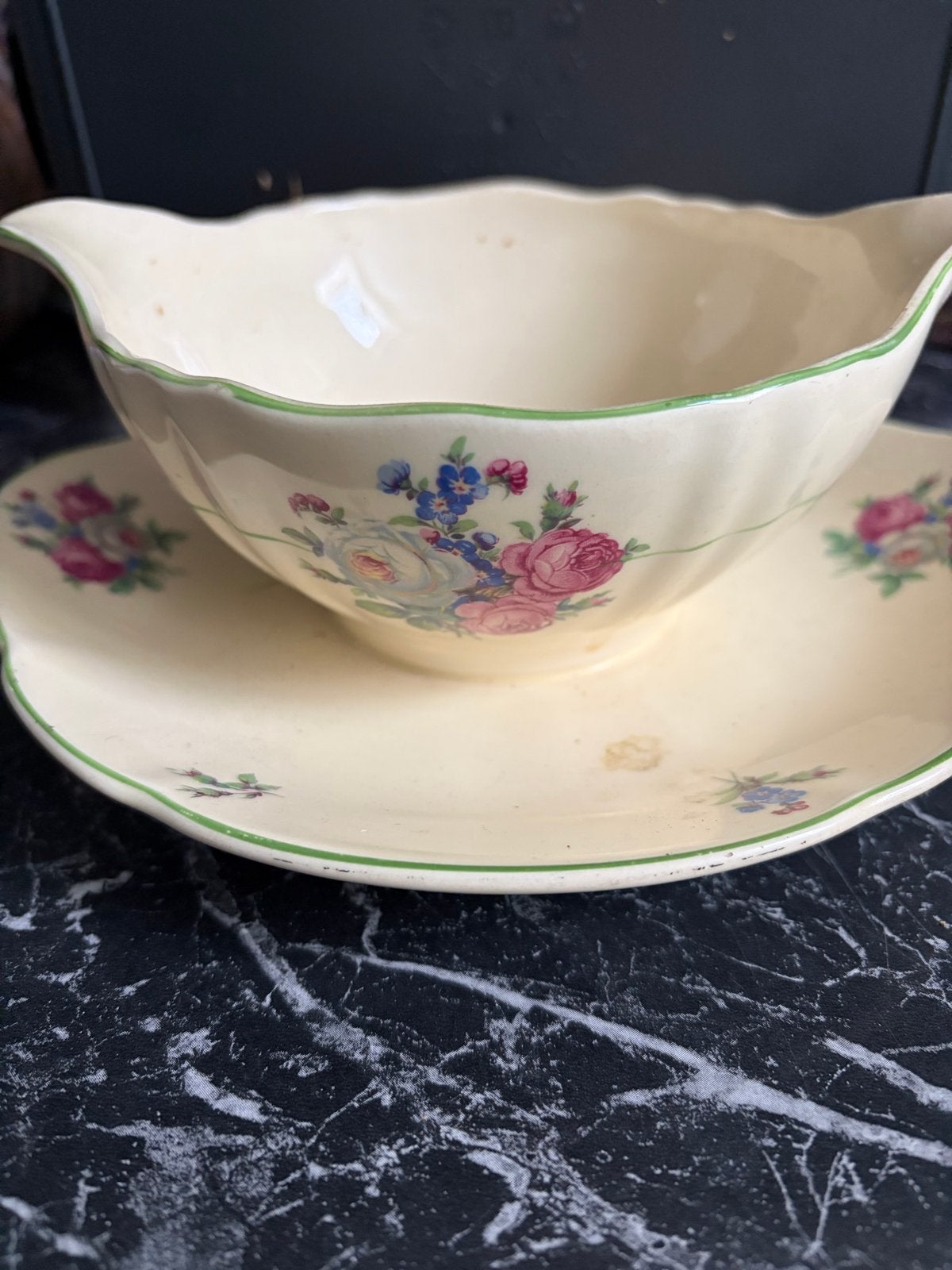 Antieke Plazuid Gouda Sauskom met Schotel - Bloemenmotief, Ophalen of Verzenden