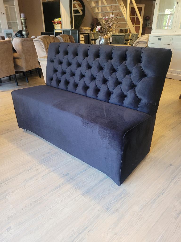 *OPRUIMING* Eetkamerbank Brian Wiel 150 cm €599 VOOR €499 (7, Zwart, Nieuw, Ophalen of Verzenden, Landelijke eetkamerbank Brian Velvet Zwart Gratis bezorging