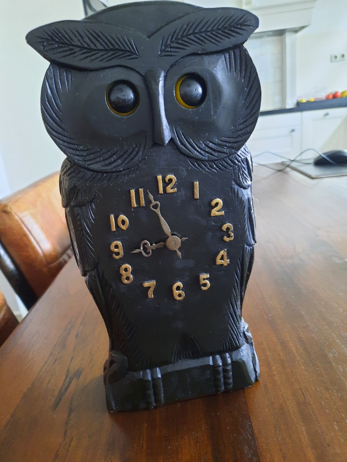 Vintage Houten Uil Klokje met Bewegende Ogen, Ophalen