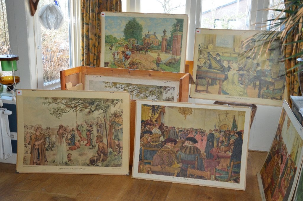5 oude schoolplaten Vaderlandsche Geschiedenis Paardentram, Ophalen of Verzenden, Geschiedenis