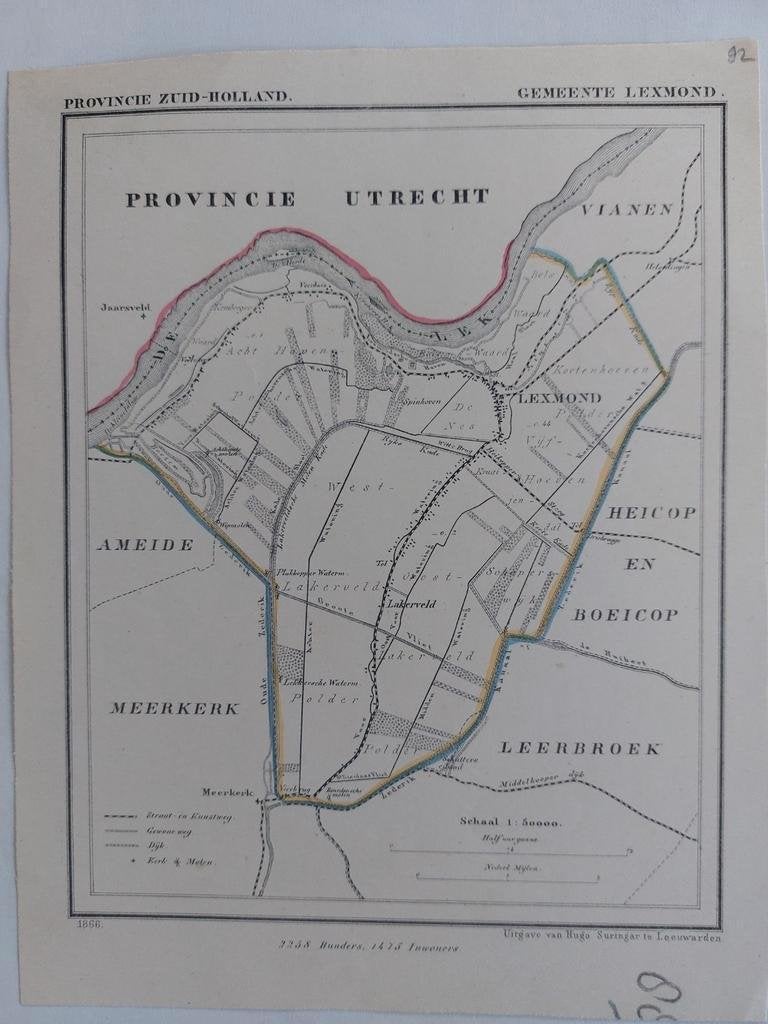92 / Lexmond De Lek Vianen Lakerveld Litho uit 1866 J Kuyper, Antiek en Kunst, Ophalen of Verzenden