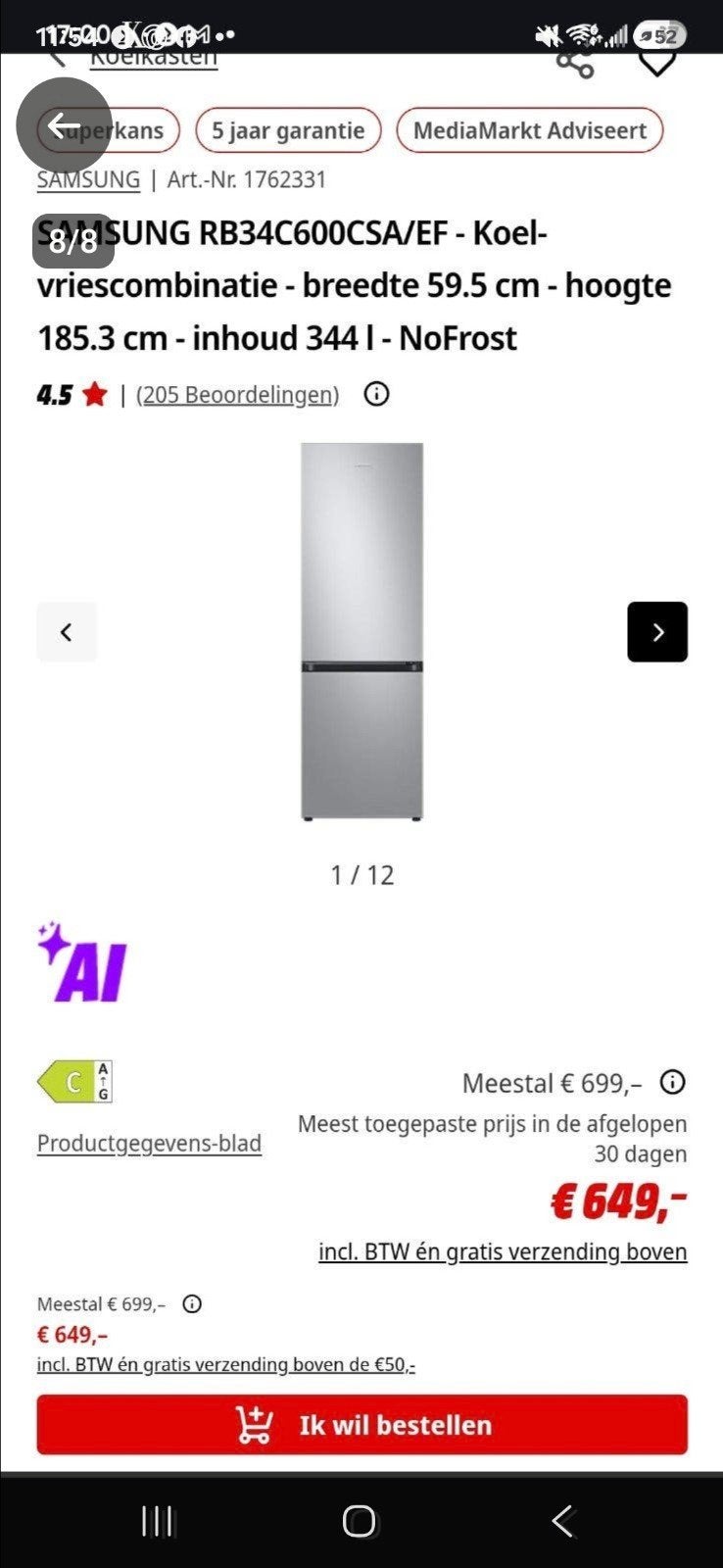 Samsung RB34C600CSA/EF Koel-vriescombinatie - 344L NoFrost