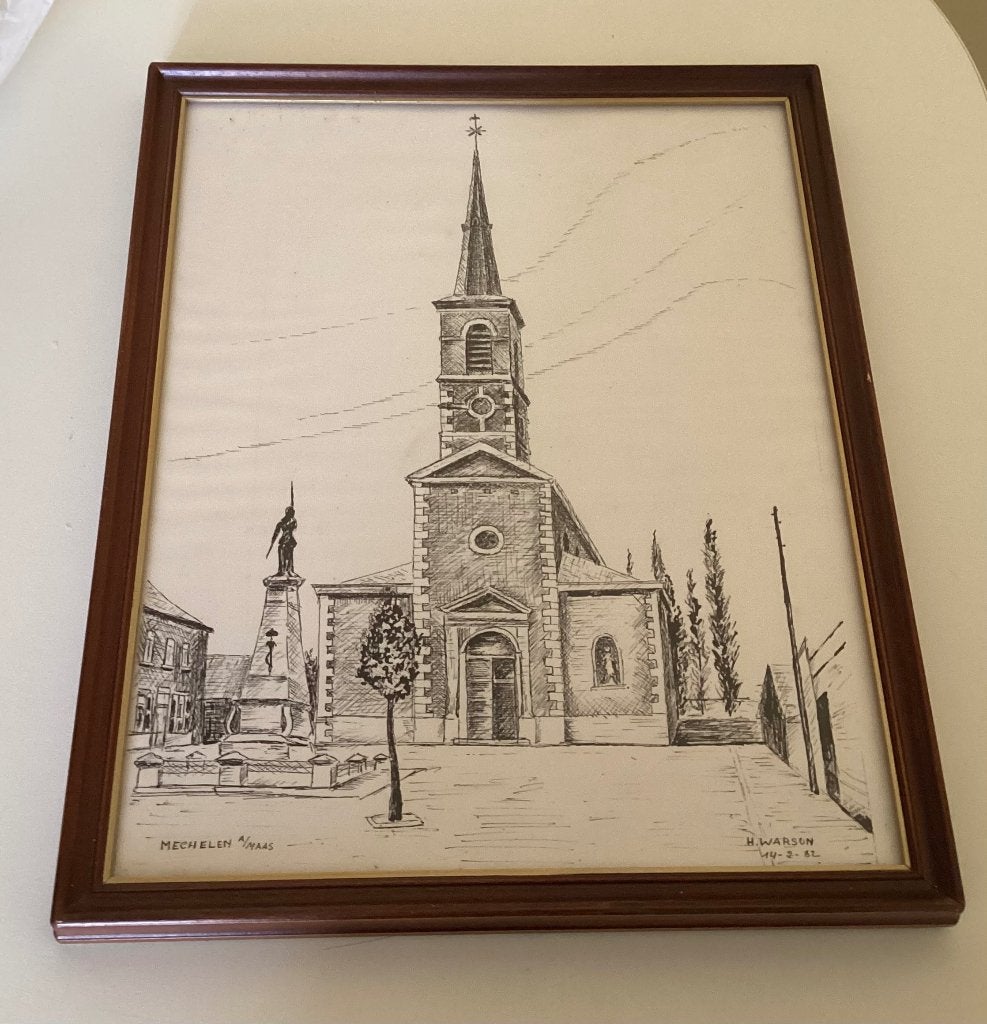 Pentekening in kader van de kerk van Maasmechelen, Antiek en Kunst, Ophalen of Verzenden, Ingelijst