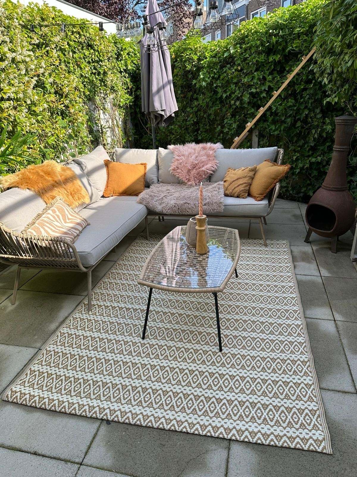Leuke tuinset met glazen/rotansalontafel, Huis en Inrichting, Tafels | Salontafels, Gebruikt, 50 tot 100 cm, 150 tot 200 cm, Overige vormen