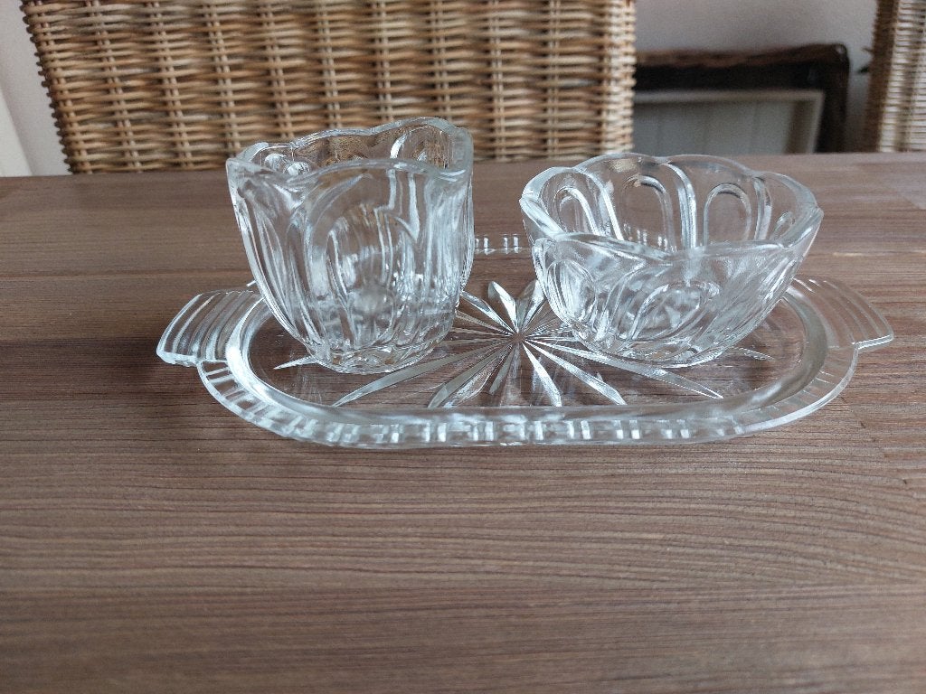 Mooi Vintage Roomstel Kristal Glas Plateau Room Suiker Set, Verzenden
