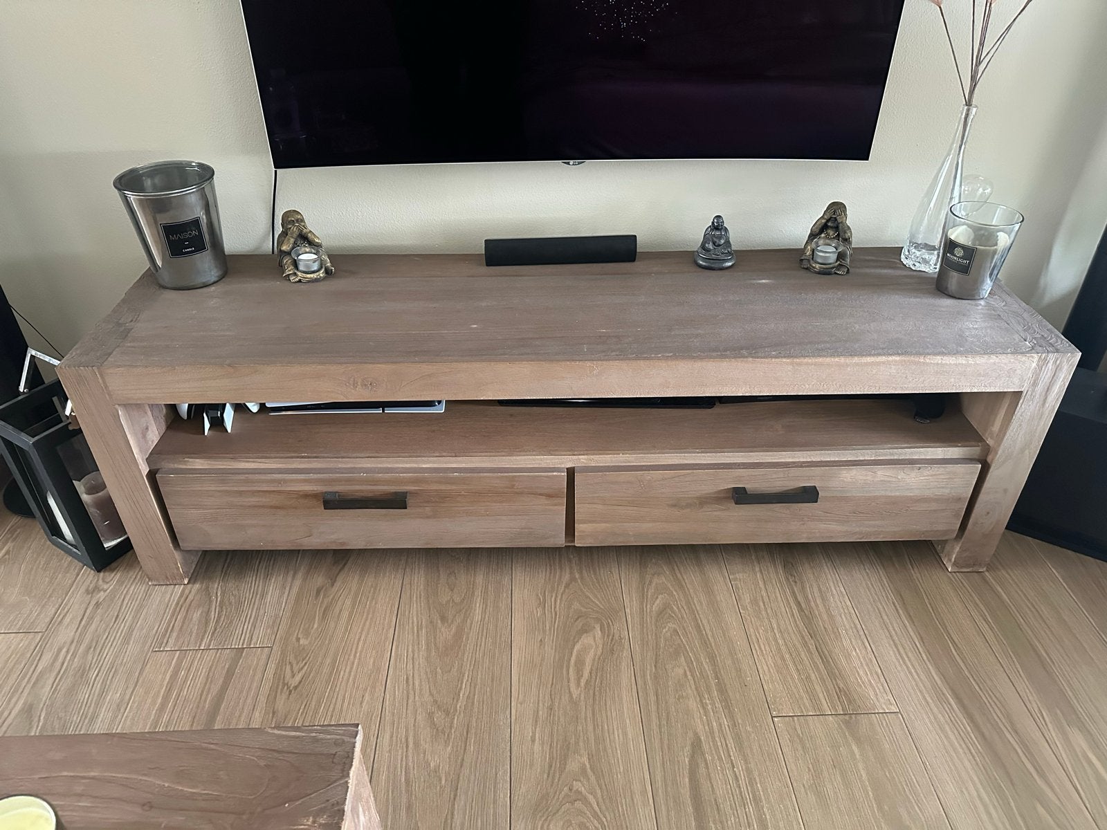 Teakhouten TV-meubel, salontafel en bijzettafel set, Ophalen, Gebruikt, 150 tot 200 cm, Teakhout