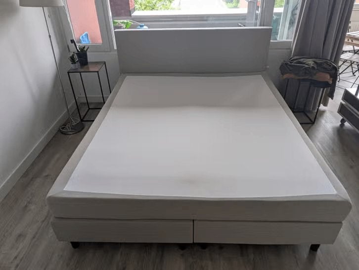 Boxspring met matras, hoofdbord en topper, 180x210, Gebruikt, 210 cm, Tweepersoons, Ophalen of Verzenden