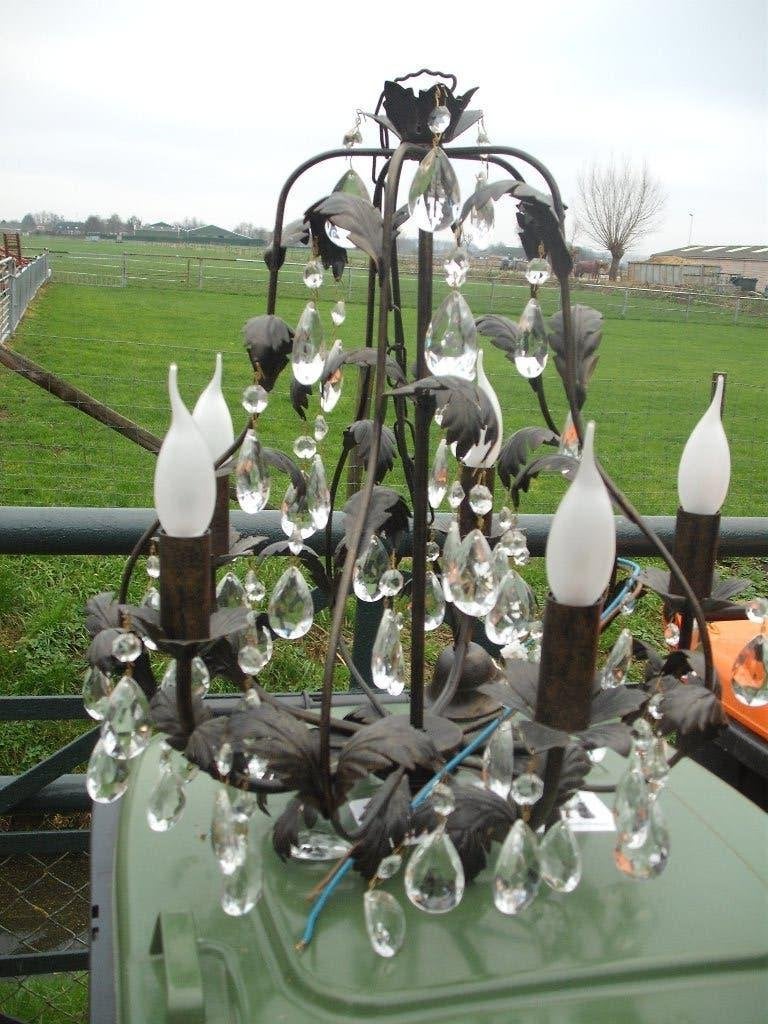 Prachtige 5-arms kroonluchter met parel versiering, Ophalen, Gebruikt, Metaal, Klassiek barok brocante