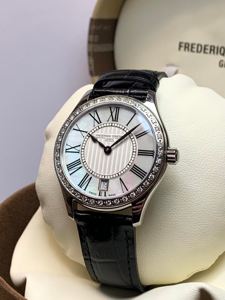 Frederique Constant Classic Quartz Ladies met diamant, Overige merken, Leer, Staal, .