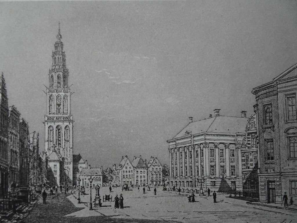gravure stadhuis markt Martinitoren Groningen M Lalanne 1880, 1800 - 1899, Verzenden, Stadsgezicht, Gravure