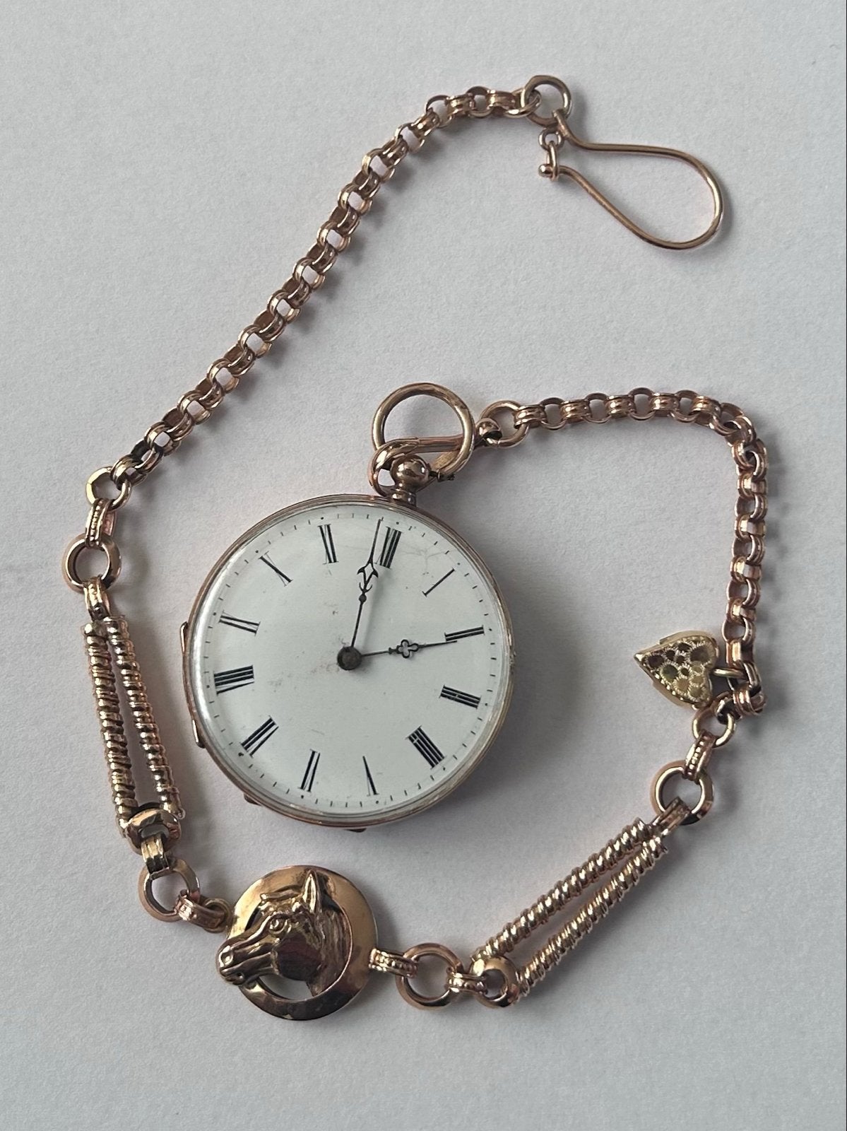 Antiek gouden zakhorloge met gouden ketting en paardenhoofd, Antiek en Kunst, Ophalen of Verzenden