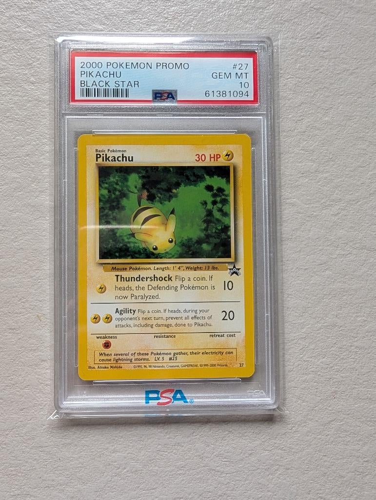 Pikachu #27 Promo 2000 Black Star WOTC PSA 10, Ophalen of Verzenden, Zo goed als nieuw, Losse kaart