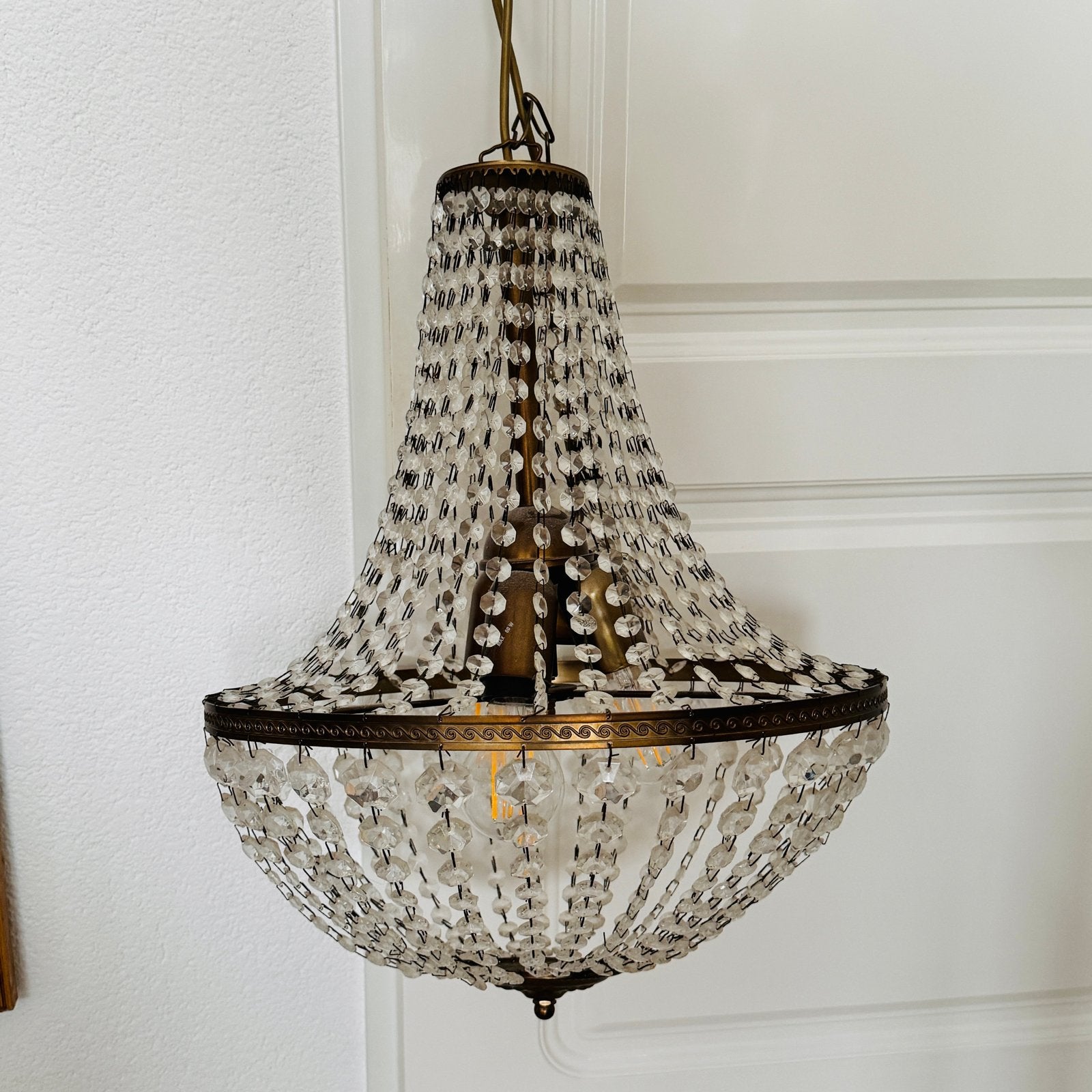Vintage Zakkroonluchter Kroonluchter van messing, Huis en Inrichting, Lampen | Kroonluchters, Ophalen, Gebruikt, Glas, E27 (groot)