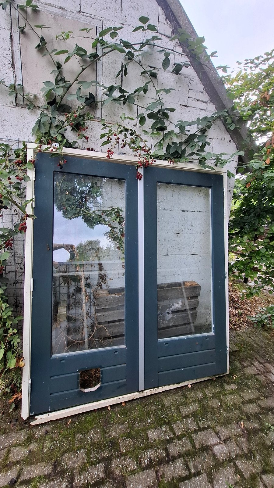Gatis Dubbele houten terrasdeuren met glas, ca. 214x190 cm, Ophalen, Gebruikt, 120 cm of meer, Buitendeur