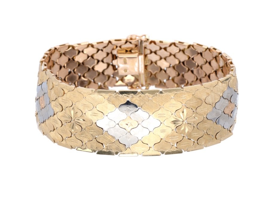 Prachtige Brede Tricolor Gouden Vintage Armband 18 KRT, Ophalen of Verzenden, Zo goed als nieuw, Info@kleenedelmetalen.nl, Goud