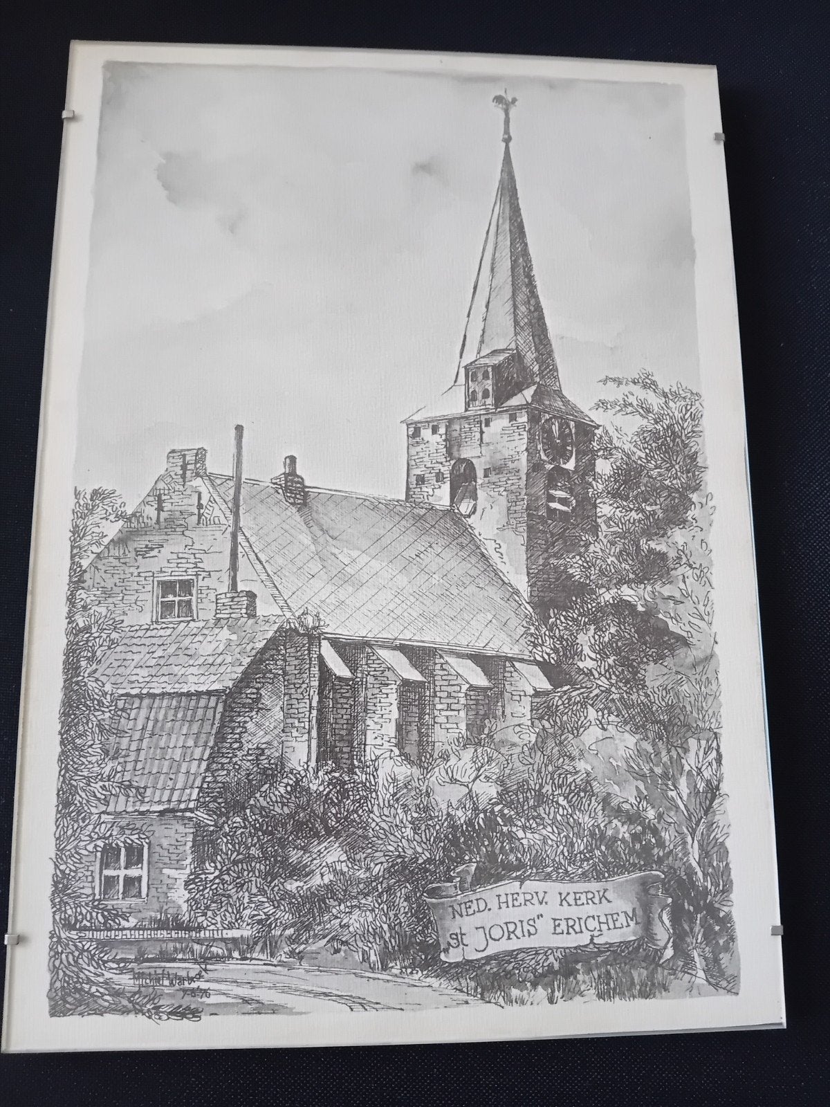 Tekening Ned. Herv. Kerk St. Joris Erichem, Antiek en Kunst, Ophalen of Verzenden, Tekening, Pentekening, Origineel