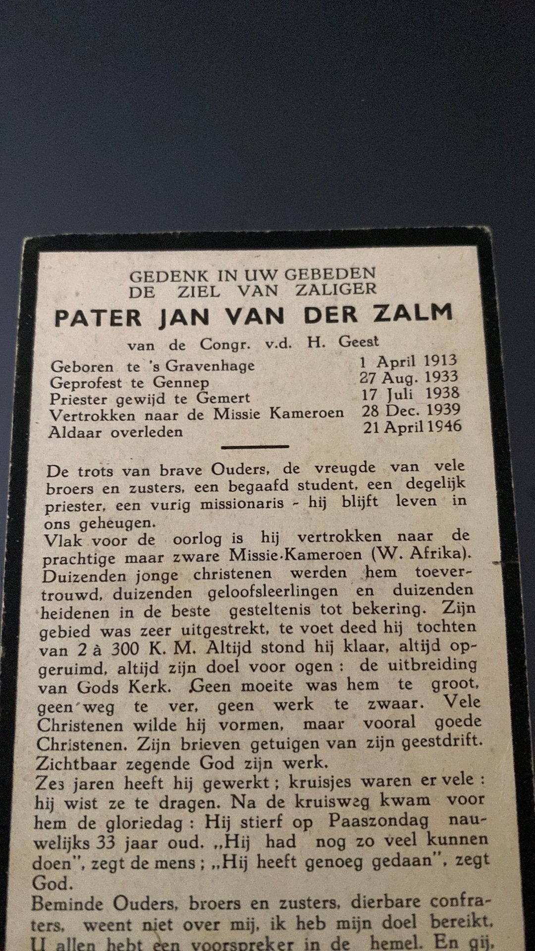 pater J vd Zalm 1913 ‘s-Gravenhage 1946 Kameroen missie, Verzamelen, Ophalen of Verzenden