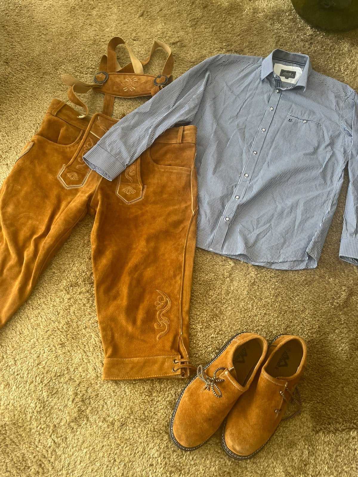 Oktoberfest Fuchs Lederhose set, incl overhemd en schoenen L, Maat 52/54 (L), Ophalen of Verzenden, Kleding, Overige thema's