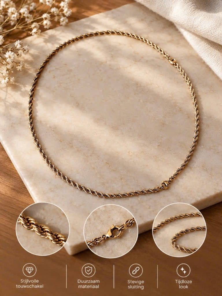 14 karaats gouden rope ketting + armband – 585 – 22 gram, Ophalen, Gebruikt, Goud, Goud
