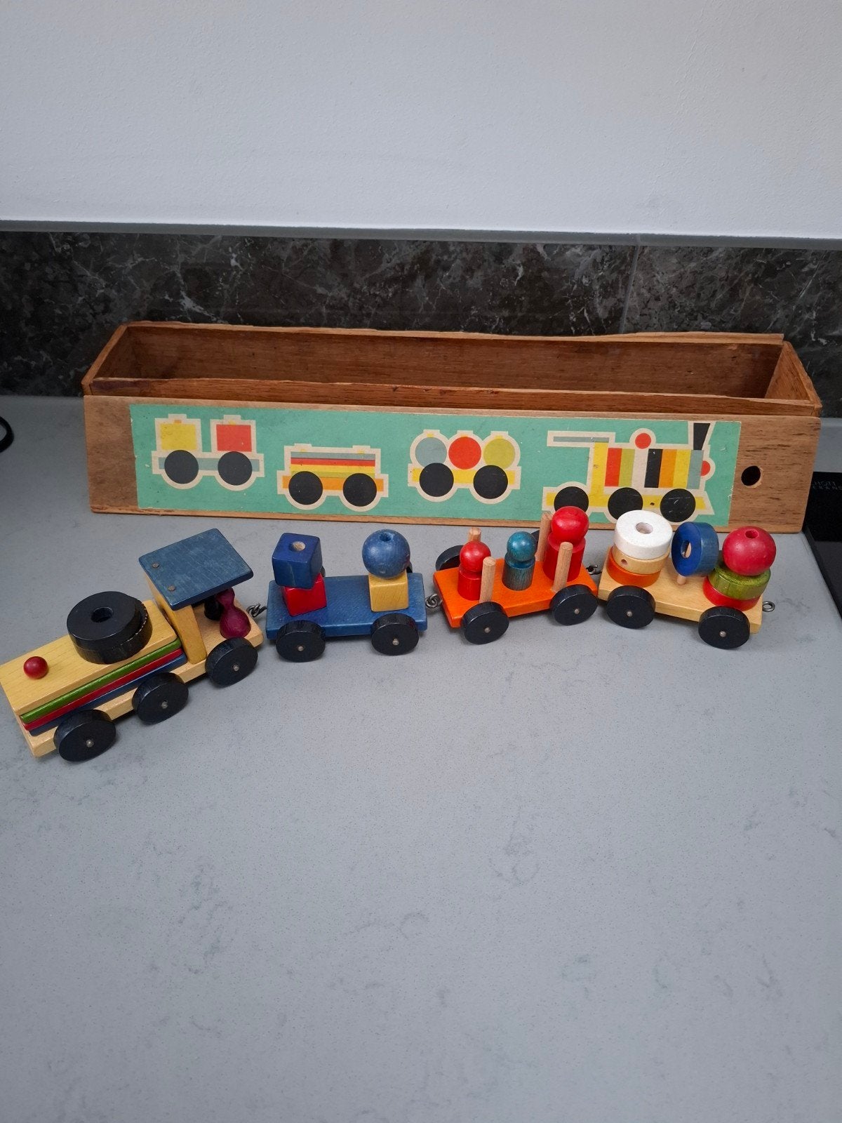 Vintage houten trein met blokken in originele doos, Ophalen of Verzenden