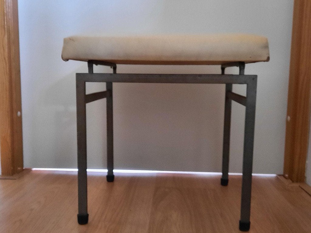 Piano-kruk, ijzeren onderstel, créme skai zitting, vintage, Ophalen, Gebruikt, Overige materialen