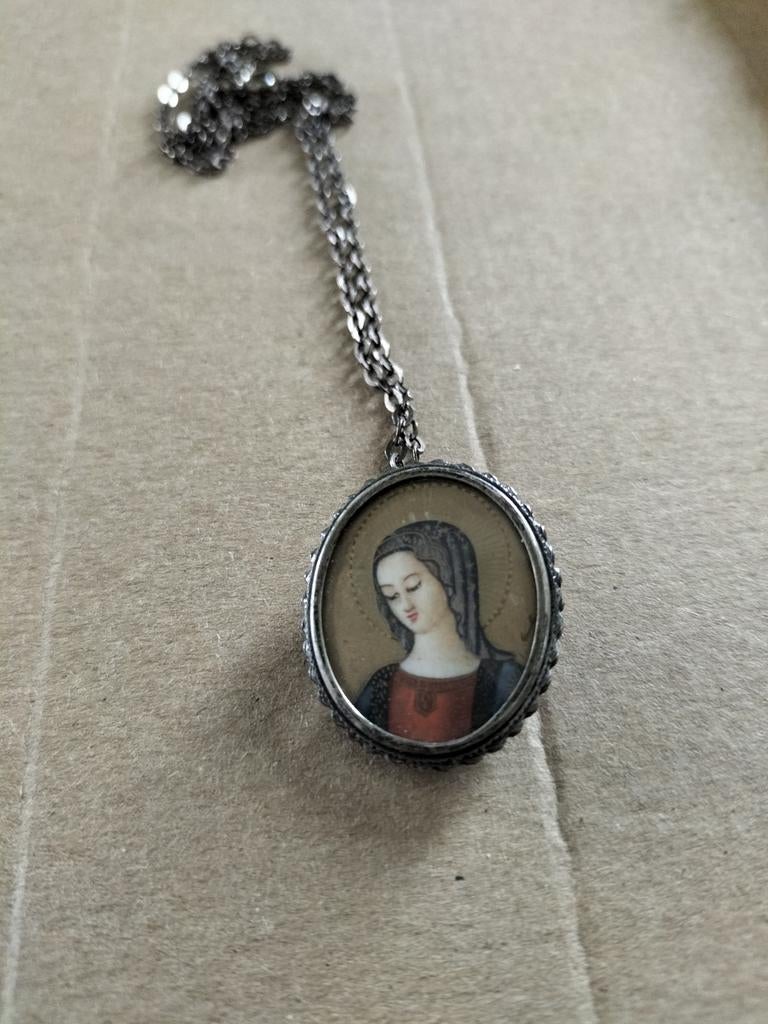 Prachtige antieke zilveren hanger & broche van heilige Maria, Verzenden, Goud