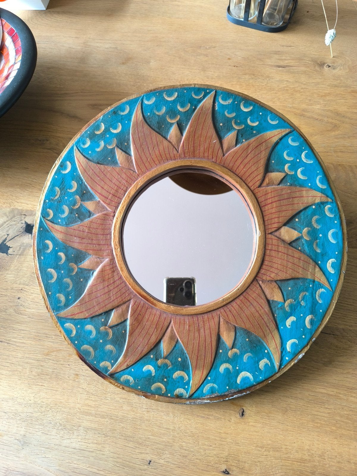 Vintage Zon Spiegel - Handgeschilderd Hout, Minder dan 50 cm, Gebruikt, Rond, Ophalen of Verzenden
