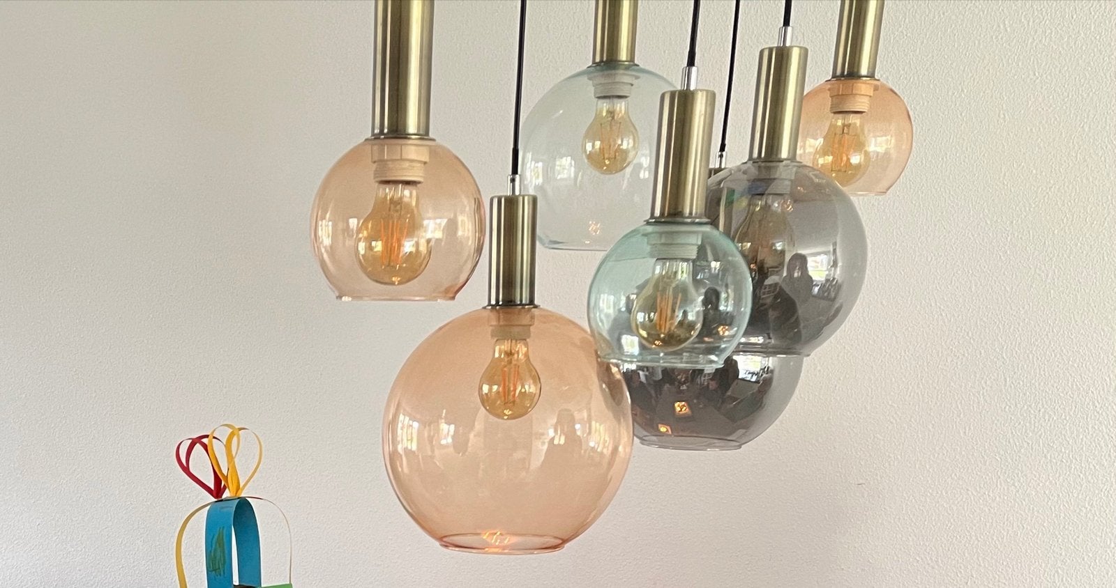 Moderne hanglamp met gekleurde glazen bollen, Ophalen, Gebruikt, Glas, E27 (groot)