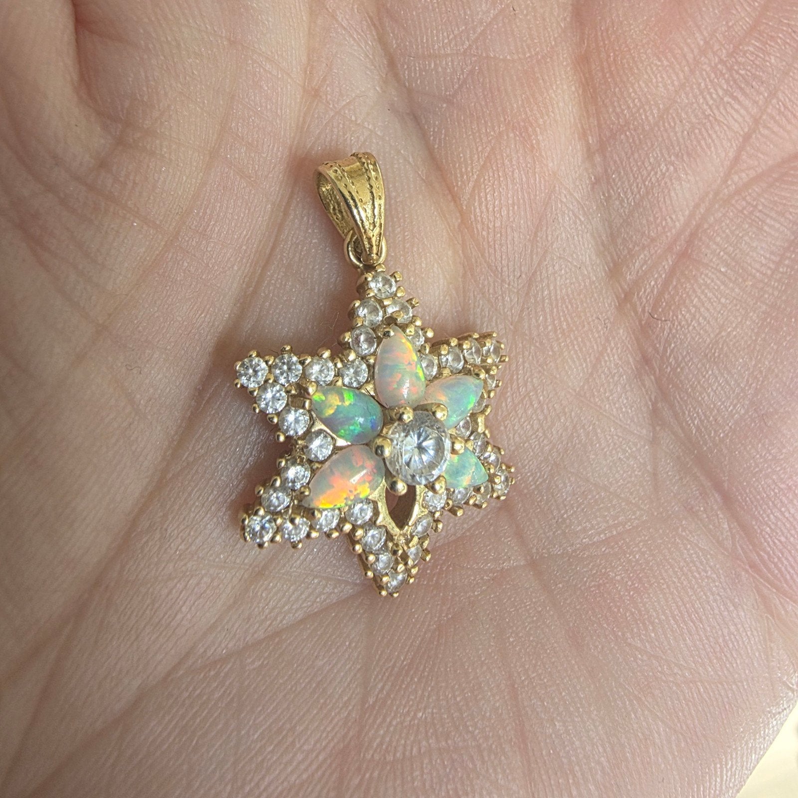 Vintage Gouden Hanger met Opaal en Zirkonia - Stervorm, Sieraden, Tassen en Uiterlijk, Kettinghangers, Gebruikt, Met edelsteen