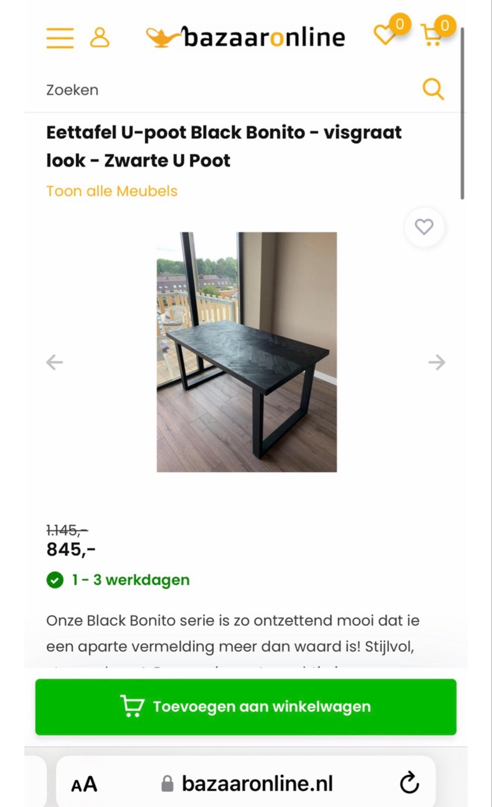 Eettafel U-poot Black Bonito - visgraat look, Ophalen, Gebruikt, 100 tot 150 cm, 50 tot 100 cm