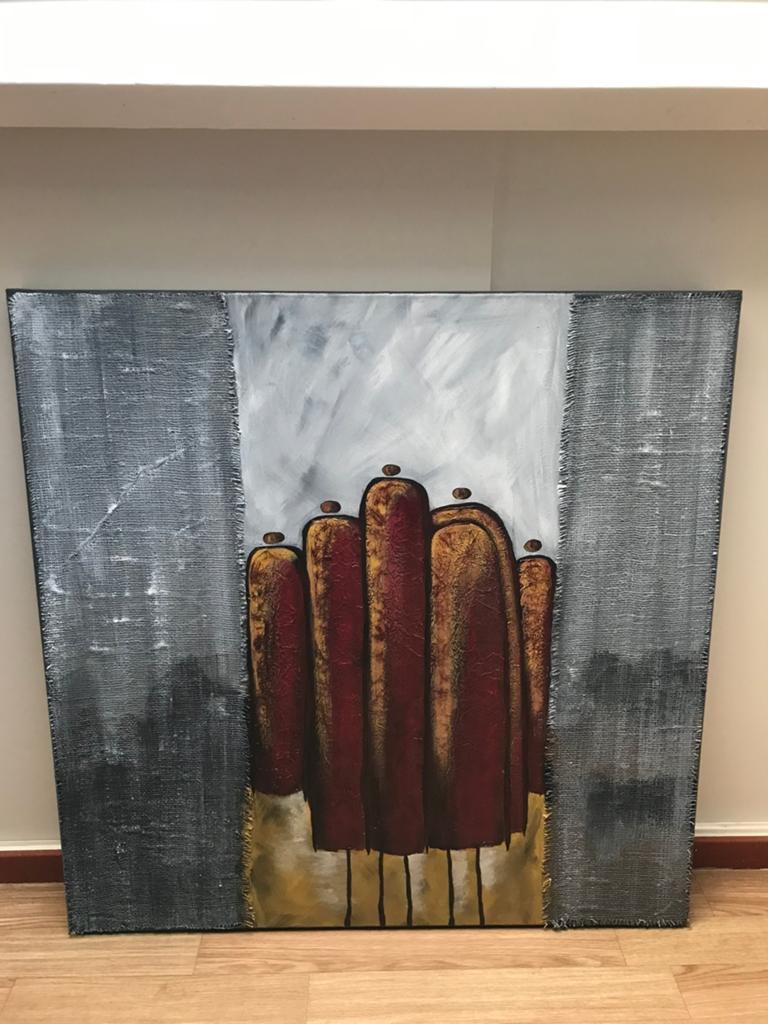 Schilderij 90x90 cm. “Mét, naast en voor elkaar”, Ophalen of Verzenden