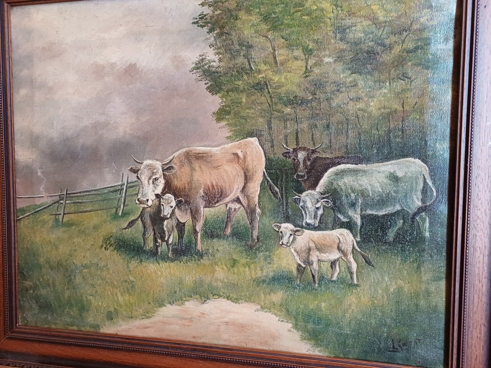 Olieverfschilderij koeien in landschap, gesigneerd, Doek, Realistisch, Origineel werk, Dieren