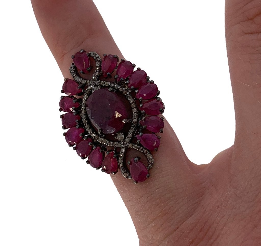 Diamanten robijnen zeldzaam grote antiek vintage ring zilver, Ophalen of Verzenden, Zilver, Ring, Met edelsteen