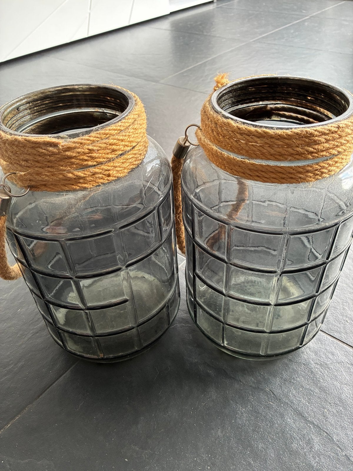Set van 2 glazen windlichten met touwdecoratie, Ophalen, Glas, Grijs, Landelijk