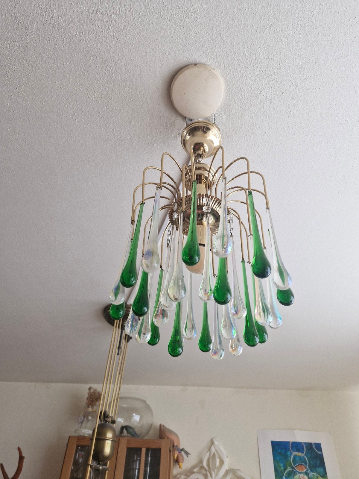 Murano Teardrop Kroonluchter - Groen & Transparant Glas, Huis en Inrichting, Gebruikt, Murano, Vintage, Retro, E14 (klein), Ophalen of Verzenden