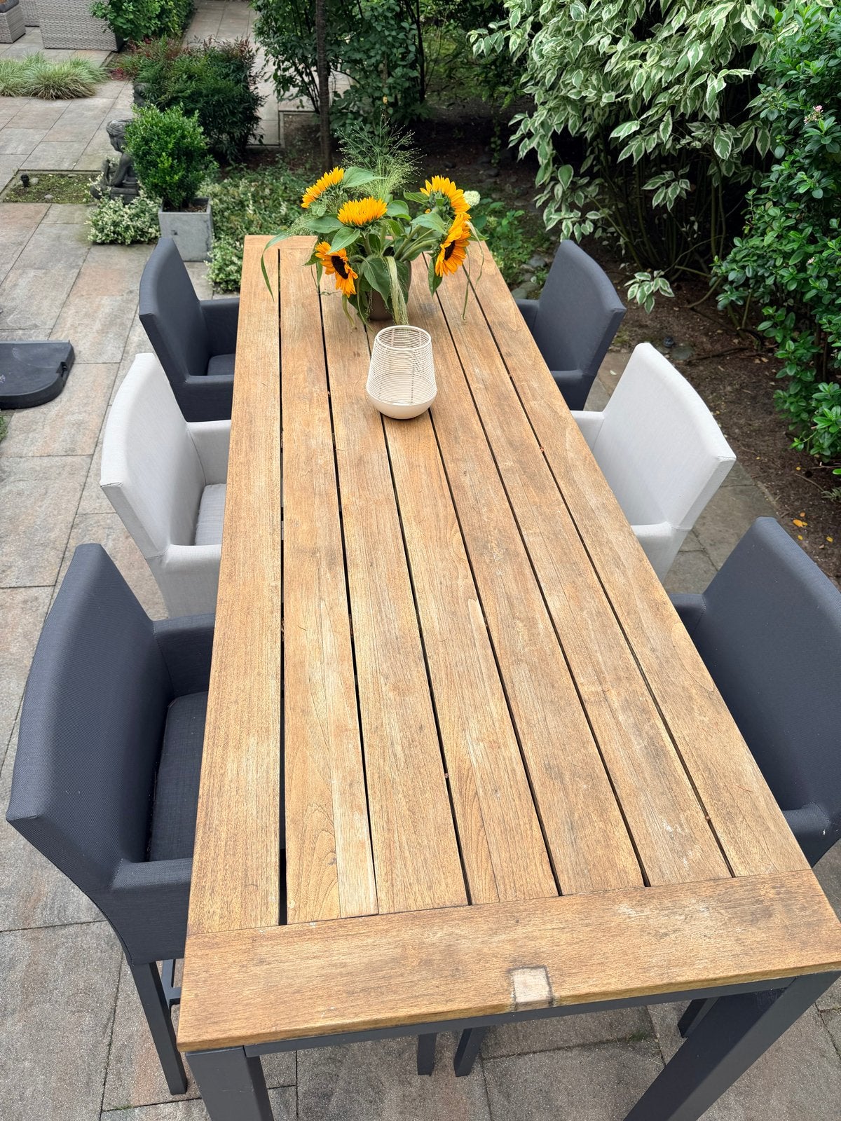 Manifesto Furniture bartafel met 6 barkrukken, Tuin en Terras, Tuintafels, Ophalen, Gebruikt, Rechthoekig, Teakhout