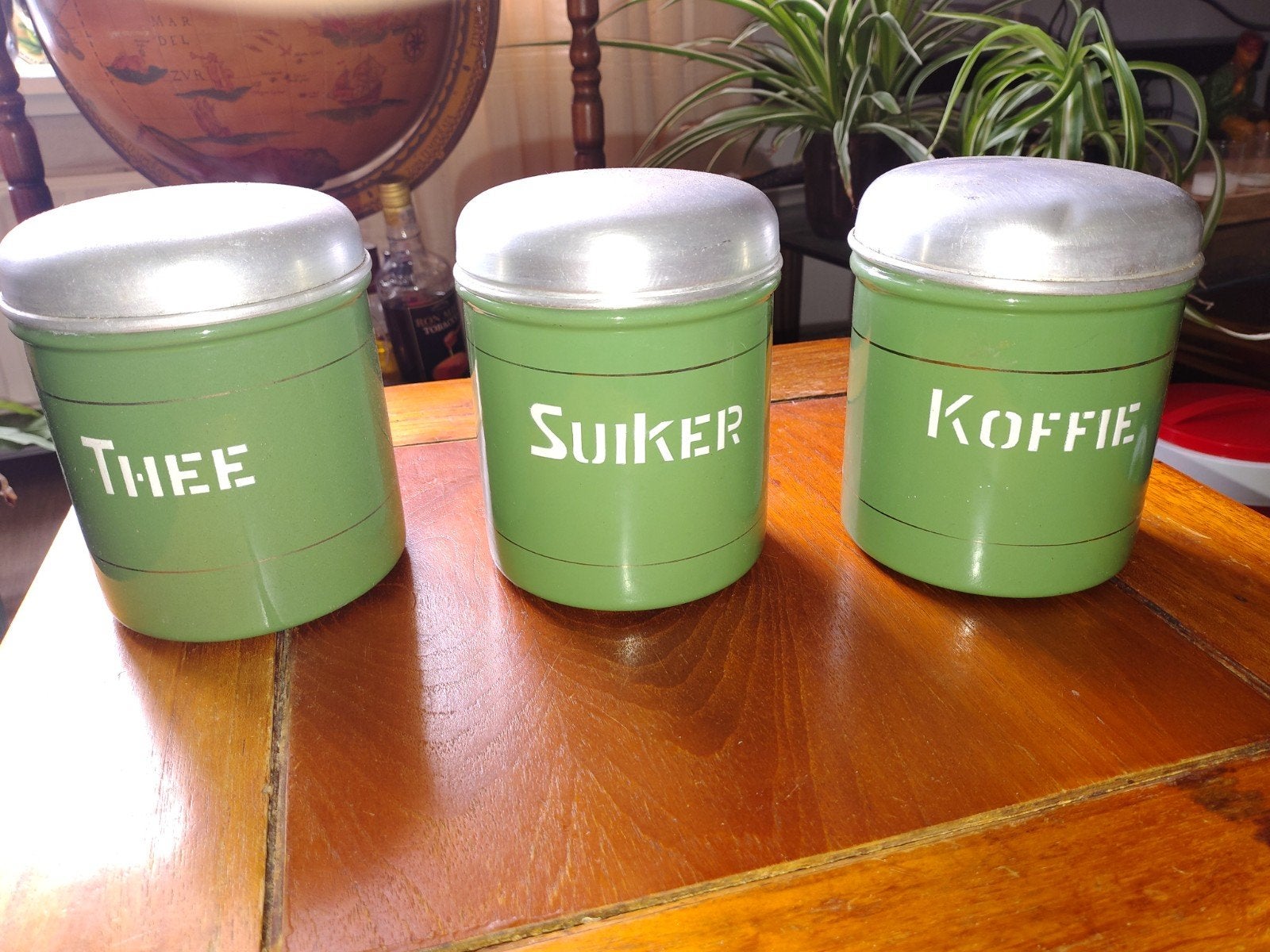 Vintage voorraadpotten: Thee, Suiker, Koffie (groen), Ophalen of Verzenden