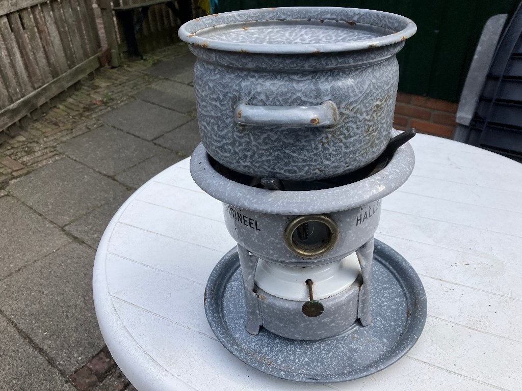 emaille haller petroleumstel +onderplaat +pan grijs, Antiek en Kunst, Antiek | Emaille, Ophalen of Verzenden