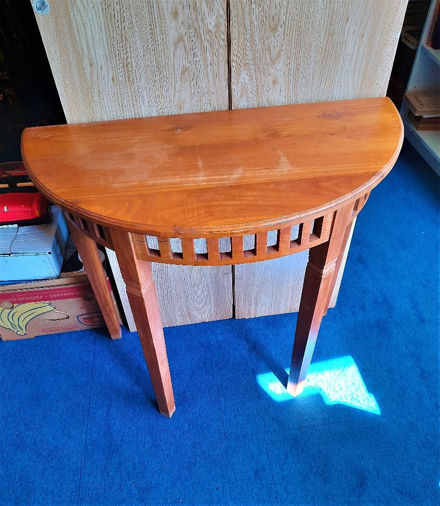 Houten Halve Maan Sidetable Consoletafel  met Spijlenmotief, Ophalen, Gebruikt, 100 tot 150 cm, Teakhout