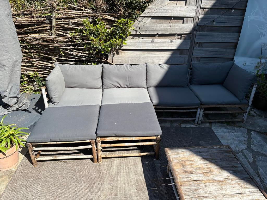 Modulaire bamboe loungeset van vidaXL met extra kussens, Ophalen, 4 zitplaatsen, Gebruikt, Loungeset