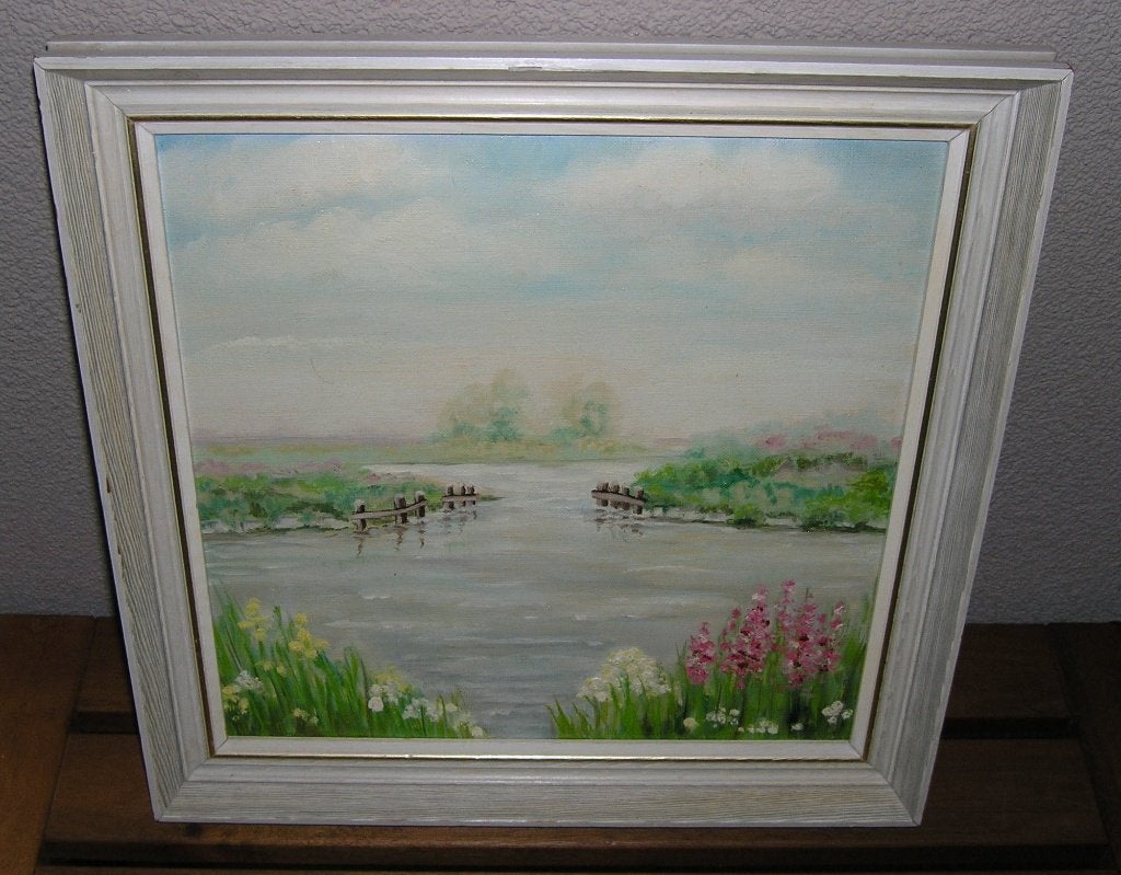 Olieverfschilderij van Giethoorn + souvenir bootje/theelepel, Ophalen of Verzenden