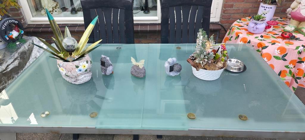 Glazen tuintafel met metalen onderstel, Huis en Inrichting, Overige Huis en Inrichting, Ophalen, Gebruikt