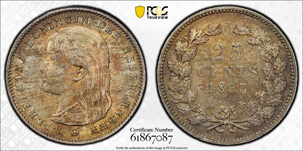 Kwartje 1893 PCGS MS64, Zilver, 25 cent, Ophalen of Verzenden, Koningin Wilhelmina