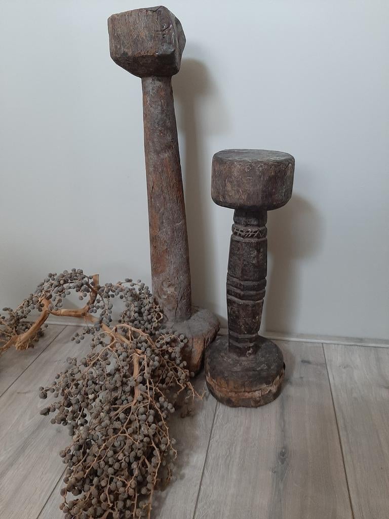 Set van 2 oude houten poeren - 60 cm en 40 cm, Antiek en Kunst, Ophalen of Verzenden