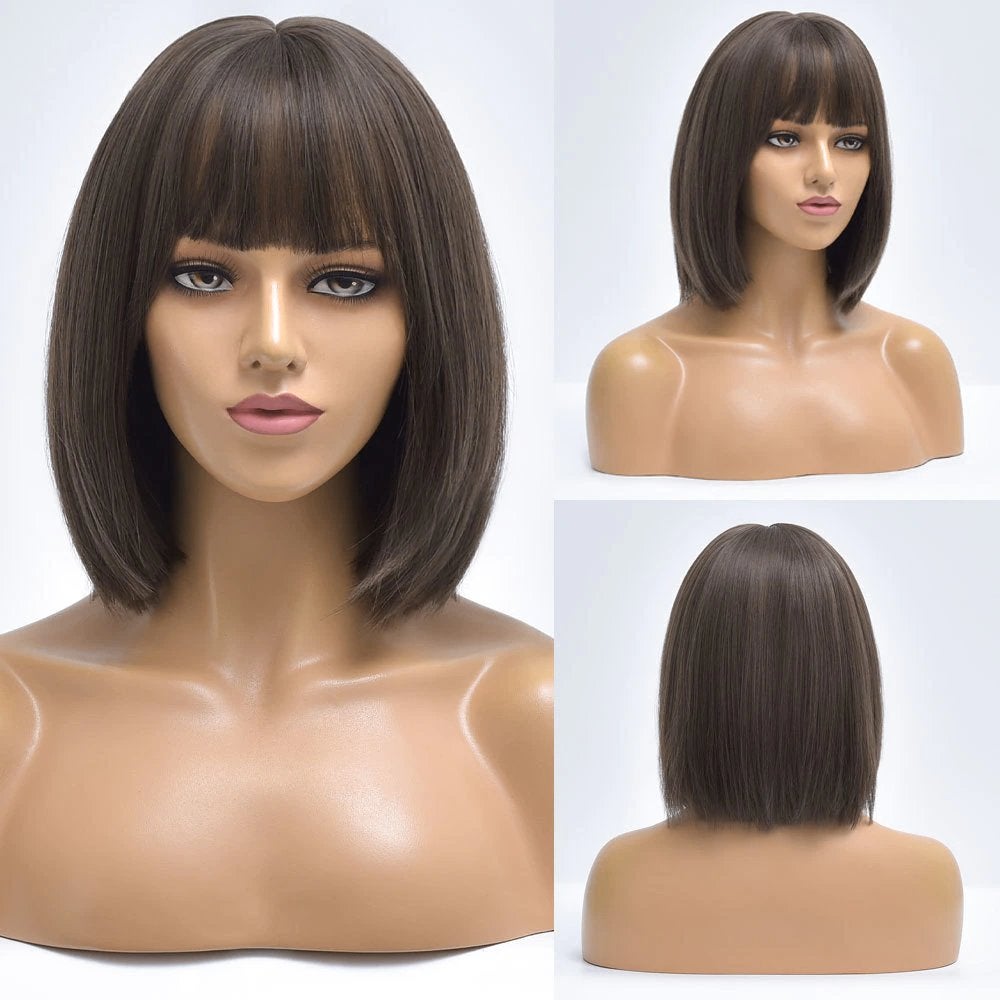 Korte Donkerbruine Pony Pruik Dames Vrouwen Bruin Haarstuk, Verzenden, Nieuw, Pruik of Haarverlenging