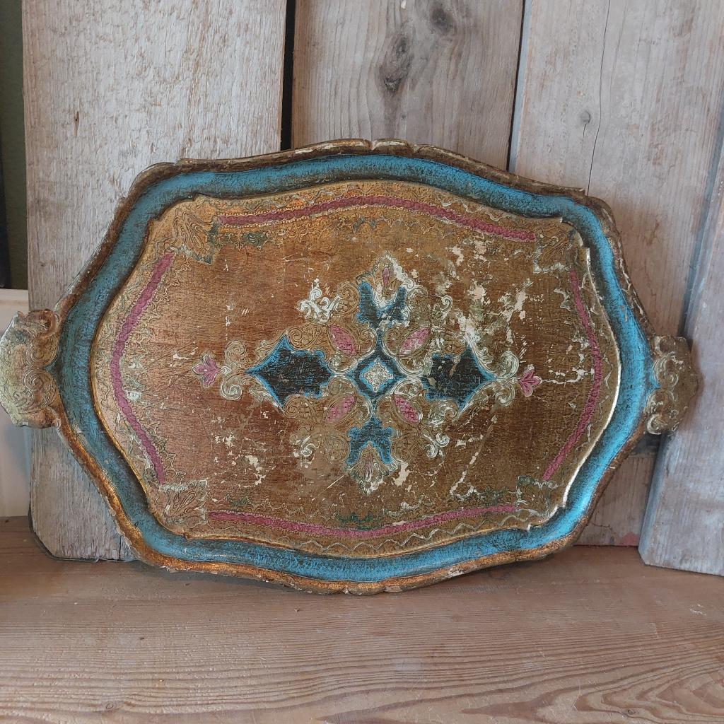 Mooi brocante Florentijns dienblad met goud, blauw en roze, Antiek en Kunst, Ophalen of Verzenden