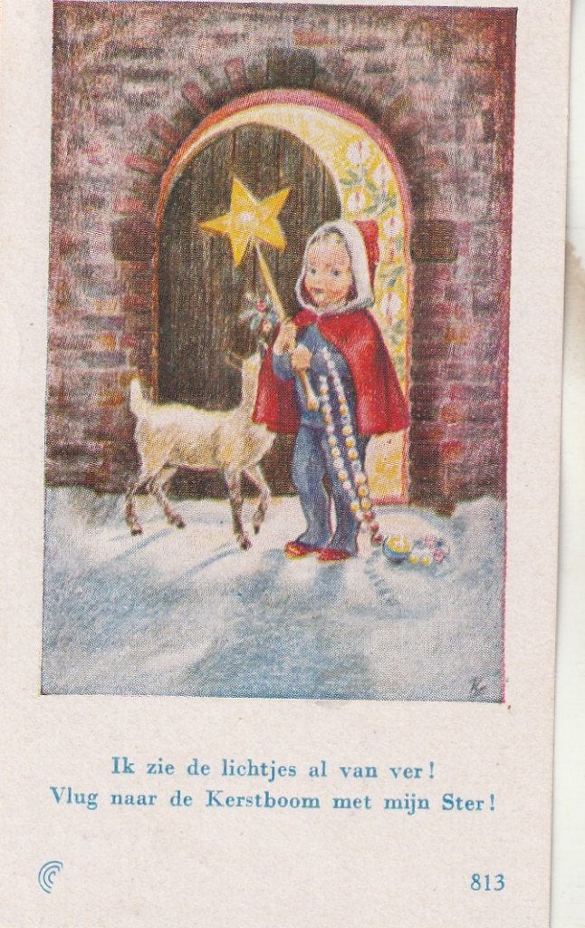Vintage prentje: Kindje met Ster en Geitje, Ophalen of Verzenden, Gebruikt, Kaart of Prent, Christendom | Katholiek