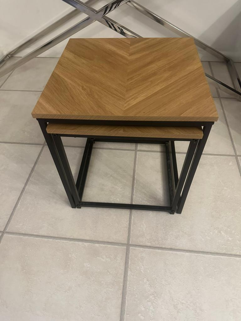 Set van 2 houten bijzettafels met metalen frame, Ophalen, Minder dan 45 cm, Minder dan 55 cm, Vierkant