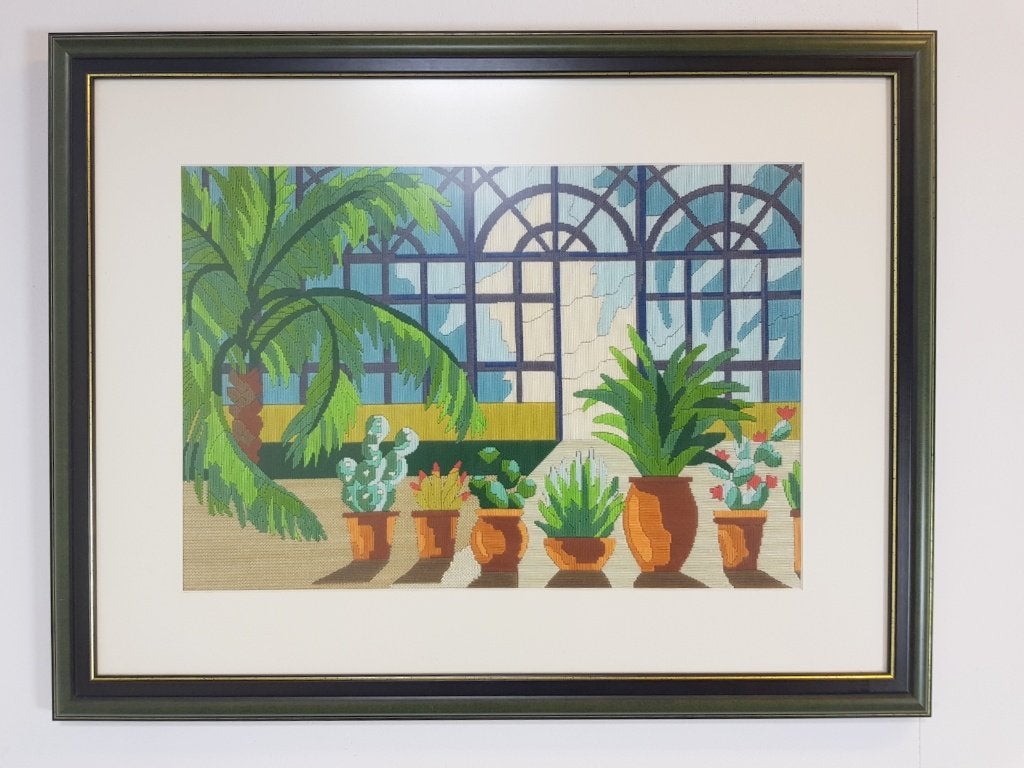Postmodern geborduurde cactuskas in lijst bohemien kleurrijk, 69 cm, Gebruikt, 54 cm, Meerkleurig